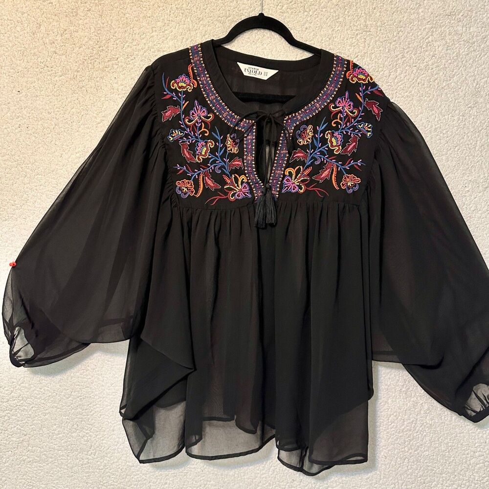 Untold Studio Womens Black Balloon Sleeve Beaded Sheer Blouse Size 20‎